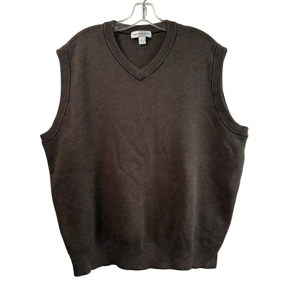 Cypress Links Mens XL Brown V-Neck Cotton Knit Sweater Vest Micro Pattern